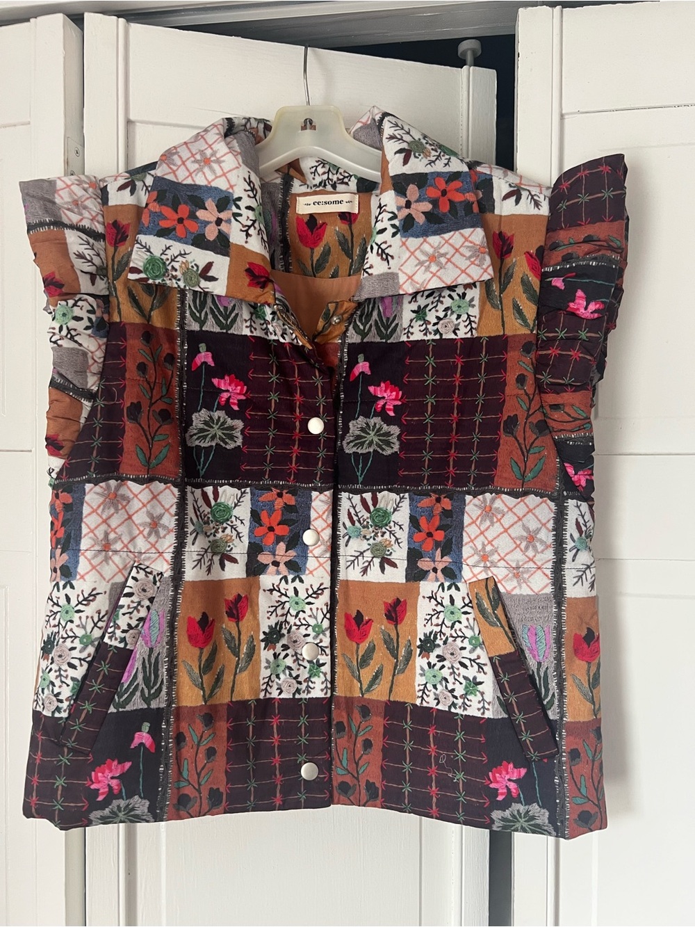 eesome Patchwork Floral Quilted Vest in Maroon, Mustard, Pink